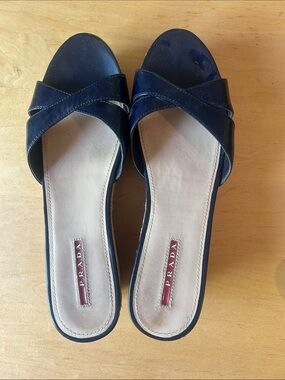 Prada Navy Cross-Strap Leather Slide Mules
